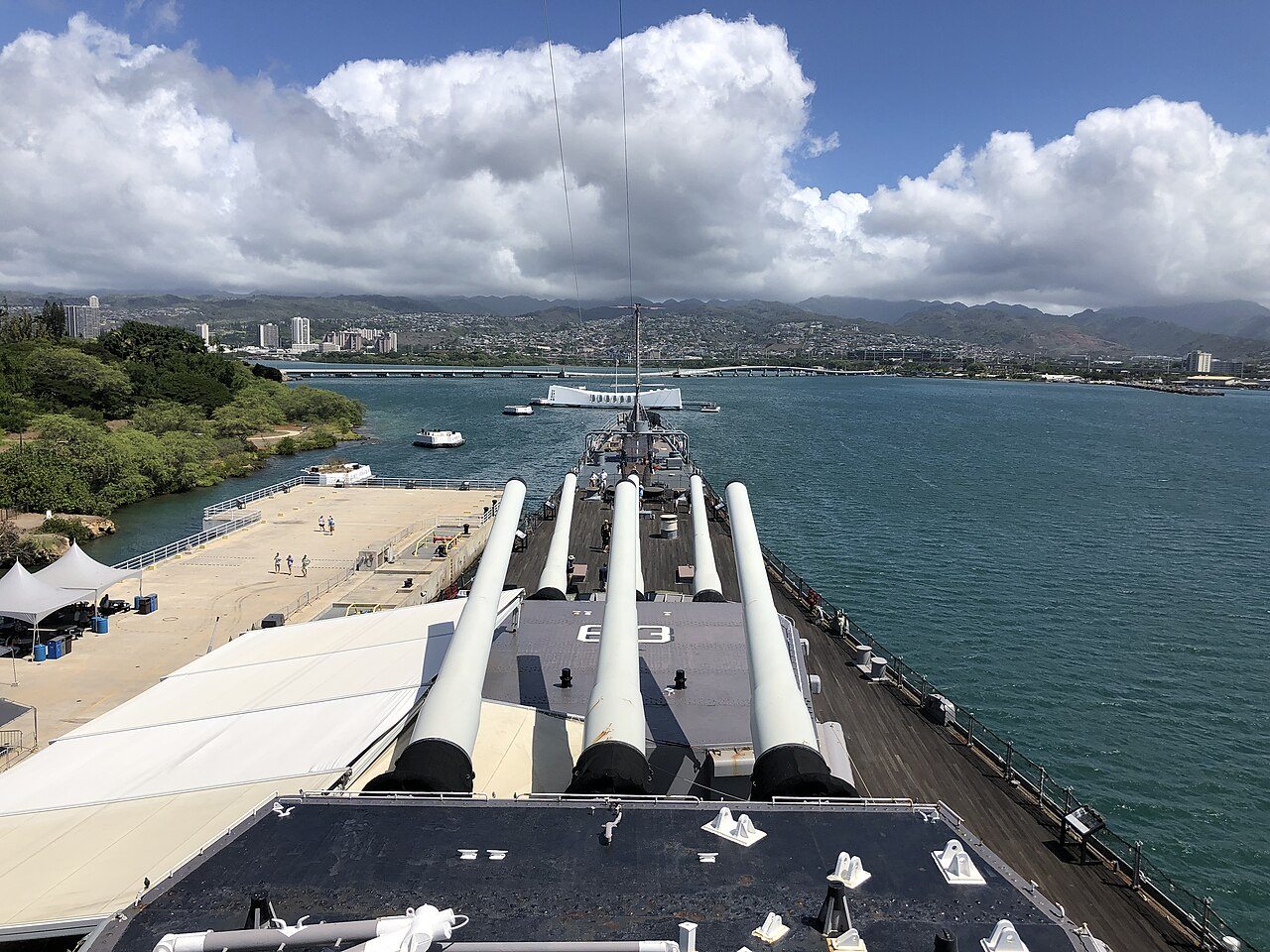 2021-10-11 11 42 48 View towards the USS Arizona Memorial from the exterior portion of the bridge of the USS Missouri while docked at Ford Island in Pearl Harbor, Oahu, Hawaii.jpg