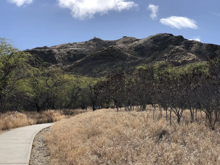 View southwest along the Diamond Head Trail as it approaches Diamond Head within Diamond Head State Monument in Honolulu, Oahu, Hawaii